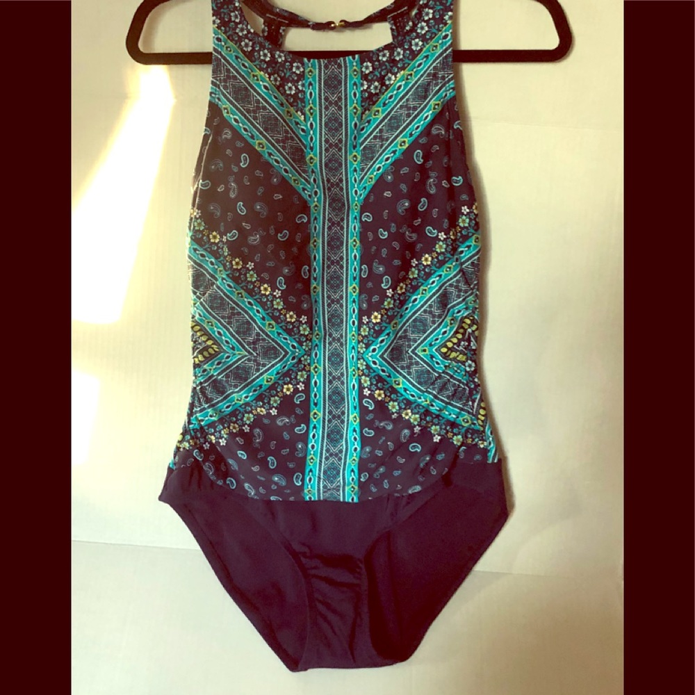 Jantzen Bathing suit size 8 Navy Blue Base Bright Turquoise and Navy Print